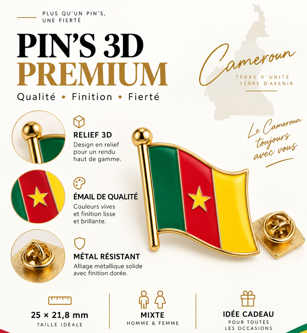 Pin's 3D drapeau du Cameroun vert rouge jaune avec étoile – Hélie Ébène fiche explicative