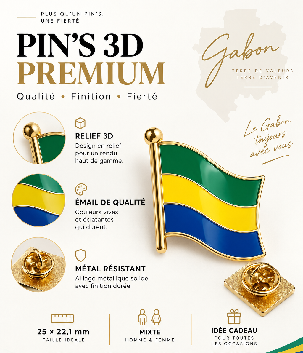 Pin's 3D drapeau du Gabon vert jaune bleu – Hélie Ébène fiche explicative