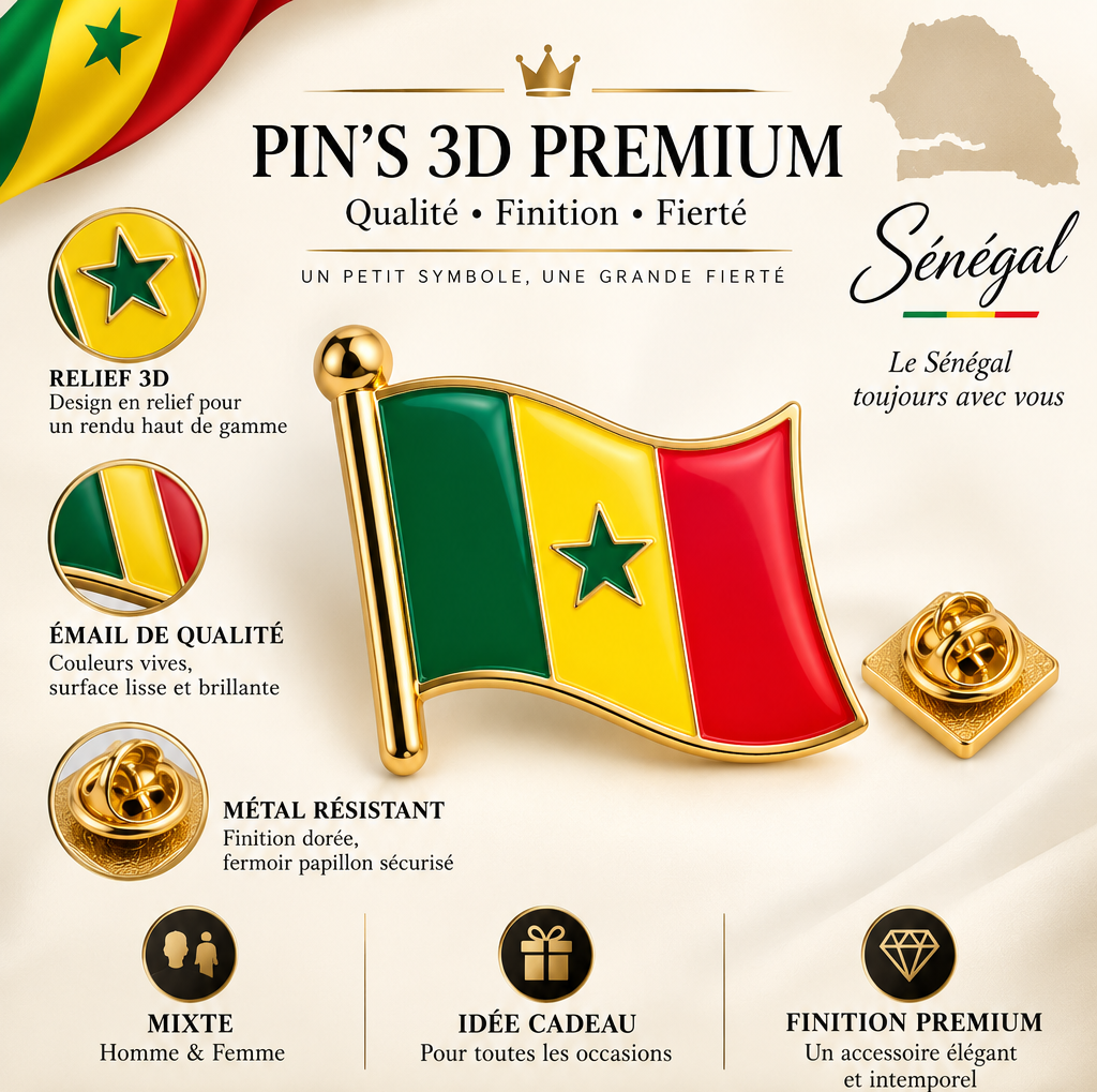 Pin's 3D drapeau du Sénégal vert jaune rouge avec étoile verte – Hélie Ébène fiche explicative
