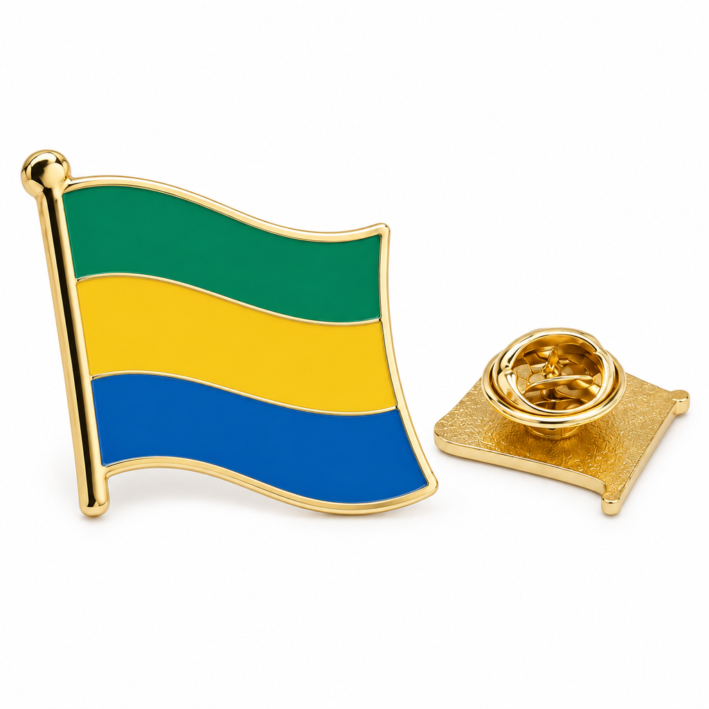 Pin's 3D drapeau du Gabon vert jaune bleu – Hélie Ébène fond blanc
