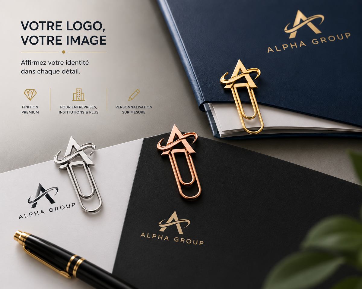 Trombones personnalisés avec logo Alpha Group en finitions dorée, argentée et or rose sur dossier