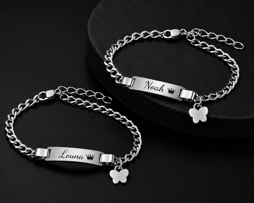 Bracelets prénom personnalisés enfant avec couronne et papillon – MERVEILLE PAPILLON mixte