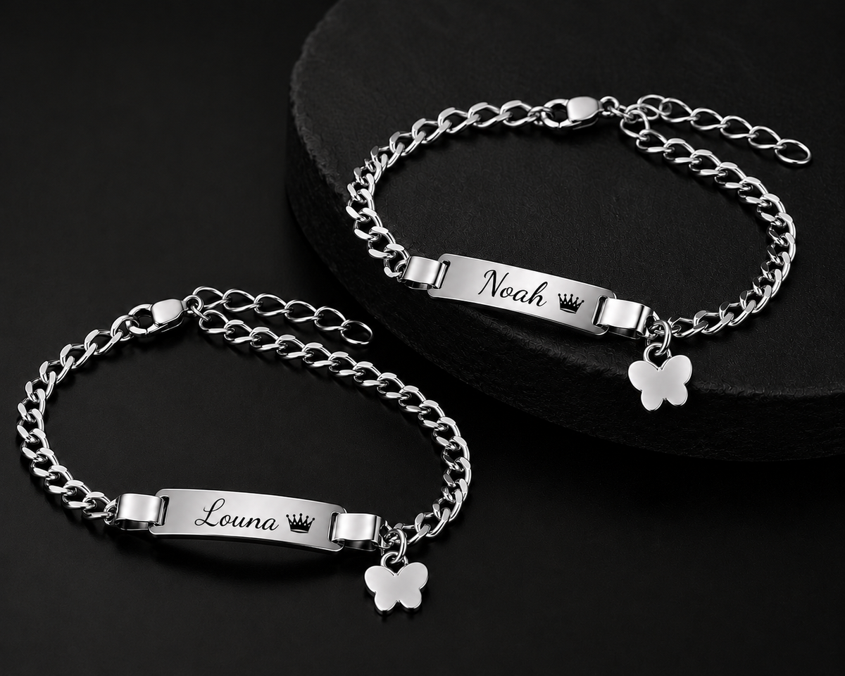 Bracelets prénom personnalisés enfant avec couronne et papillon – MERVEILLE PAPILLON mixte