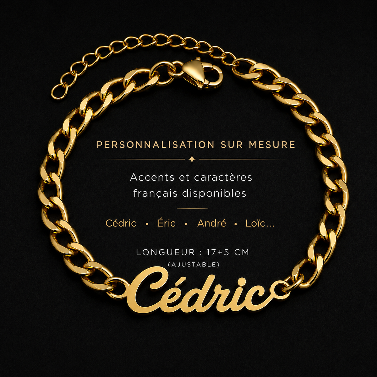Bracelet personnalisé Cédric argenté ajustable 17+5 cm possible avec les accents