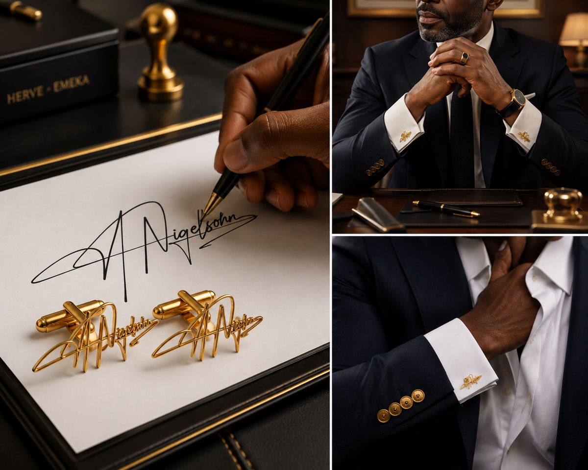 Boutons de manchette SIGNATURE dorés personnalisés à partir d’une signature manuscrite porté en lifestyle