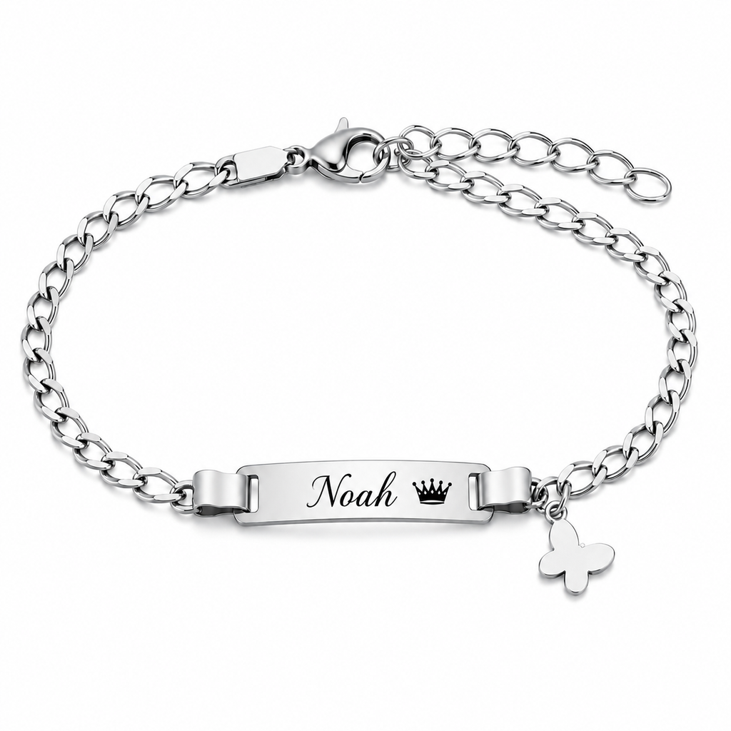 Bracelets prénom personnalisés enfant avec couronne et papillon – MERVEILLE PAPILLON noah fond blanc