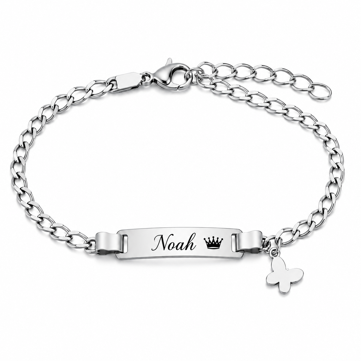 Bracelets prénom personnalisés enfant avec couronne et papillon – MERVEILLE PAPILLON noah fond blanc