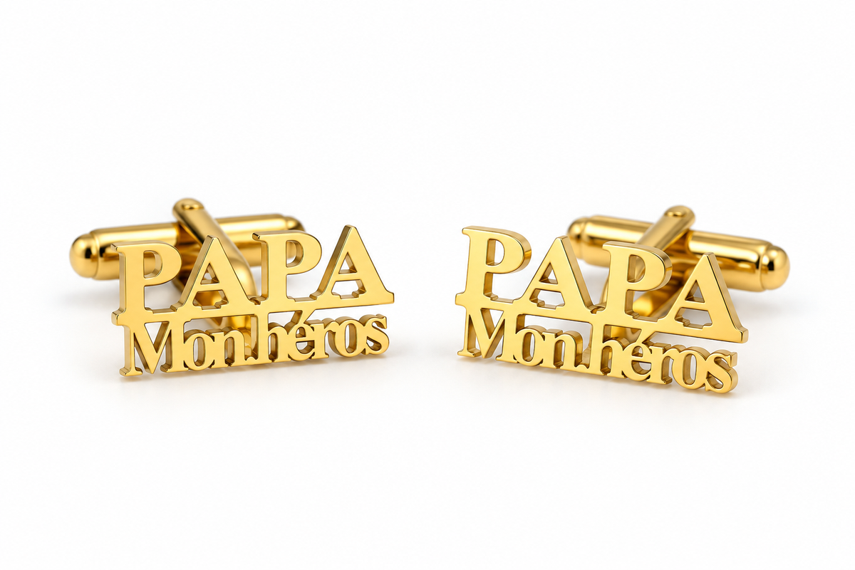 Boutons de manchette dorés PAPA Mon héros – Hélie Ébène fond blanc