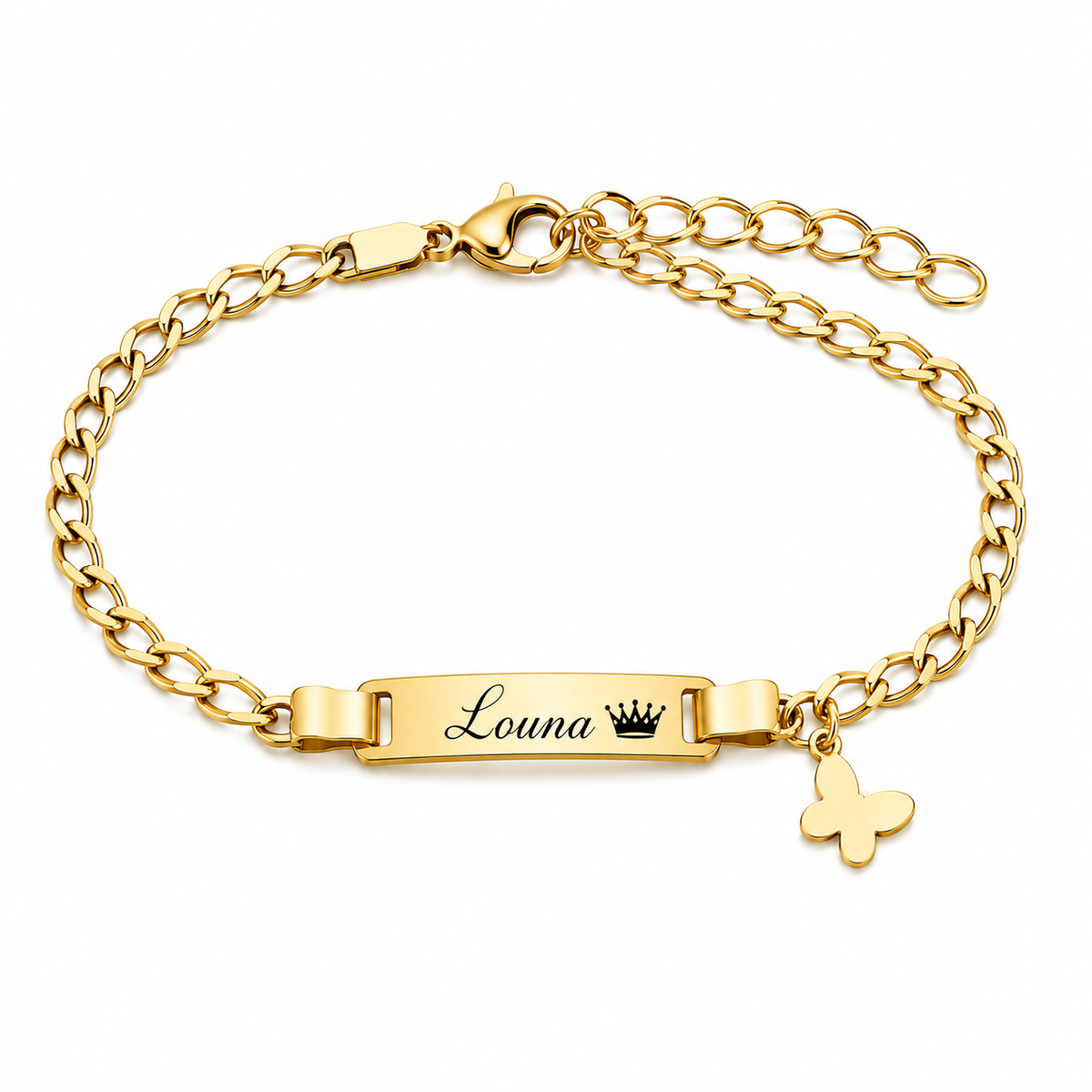 Bracelets prénom personnalisés enfant avec couronne et papillon – MERVEILLE PAPILLON fond blanc doré