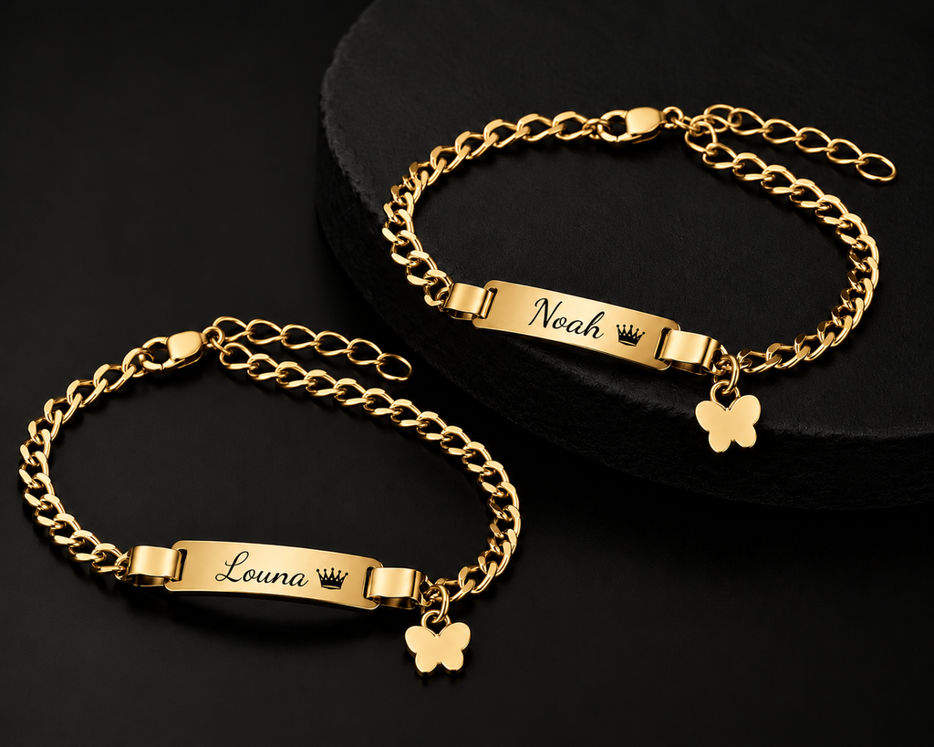 Bracelets prénom personnalisés enfant avec couronne et papillon – MERVEILLE PAPILLON mixte doré