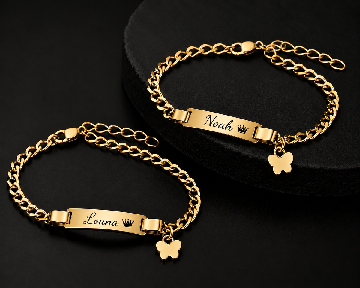 Bracelets prénom personnalisés enfant avec couronne et papillon – MERVEILLE PAPILLON mixte doré
