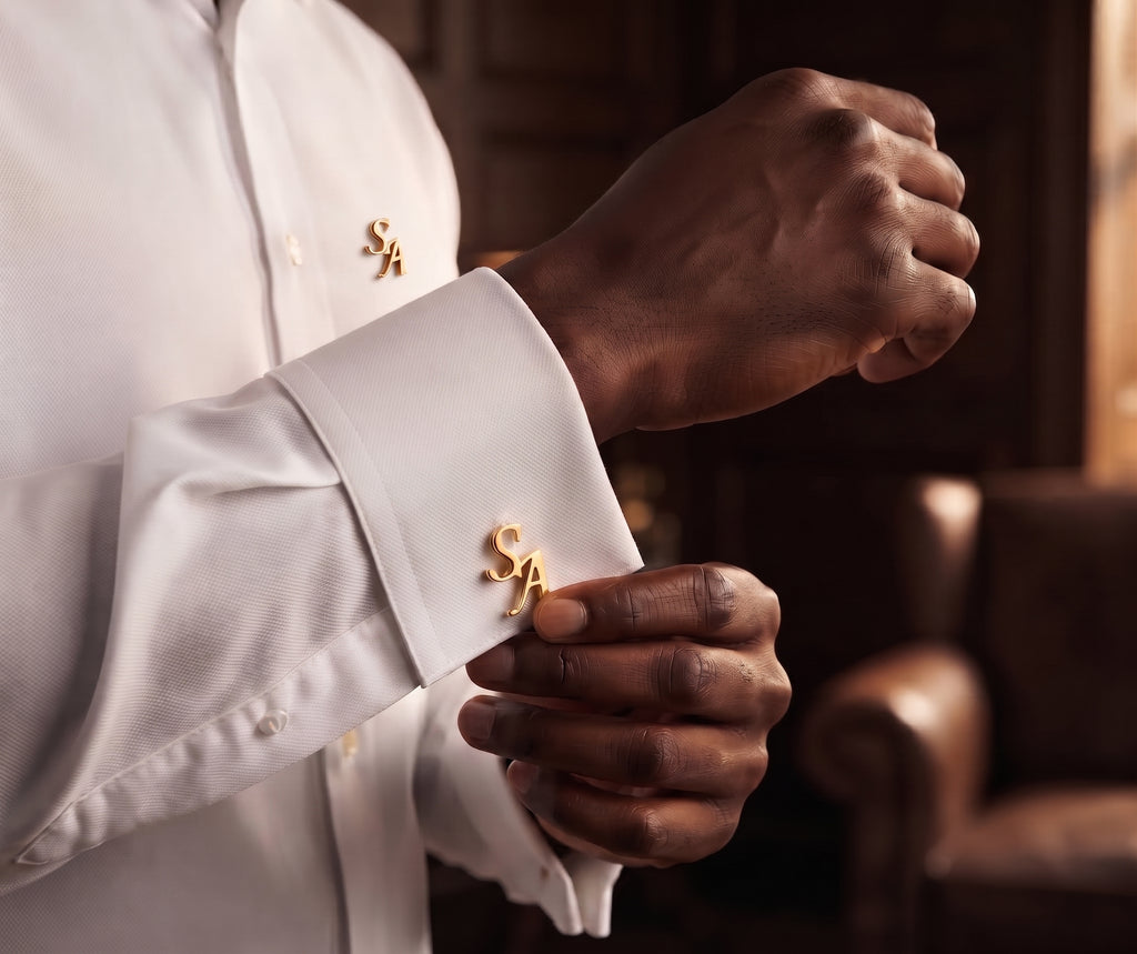 Boutons de manchette ALLURE dorés personnalisés avec initiales entrelacées porté sur chemise blanche par un homme