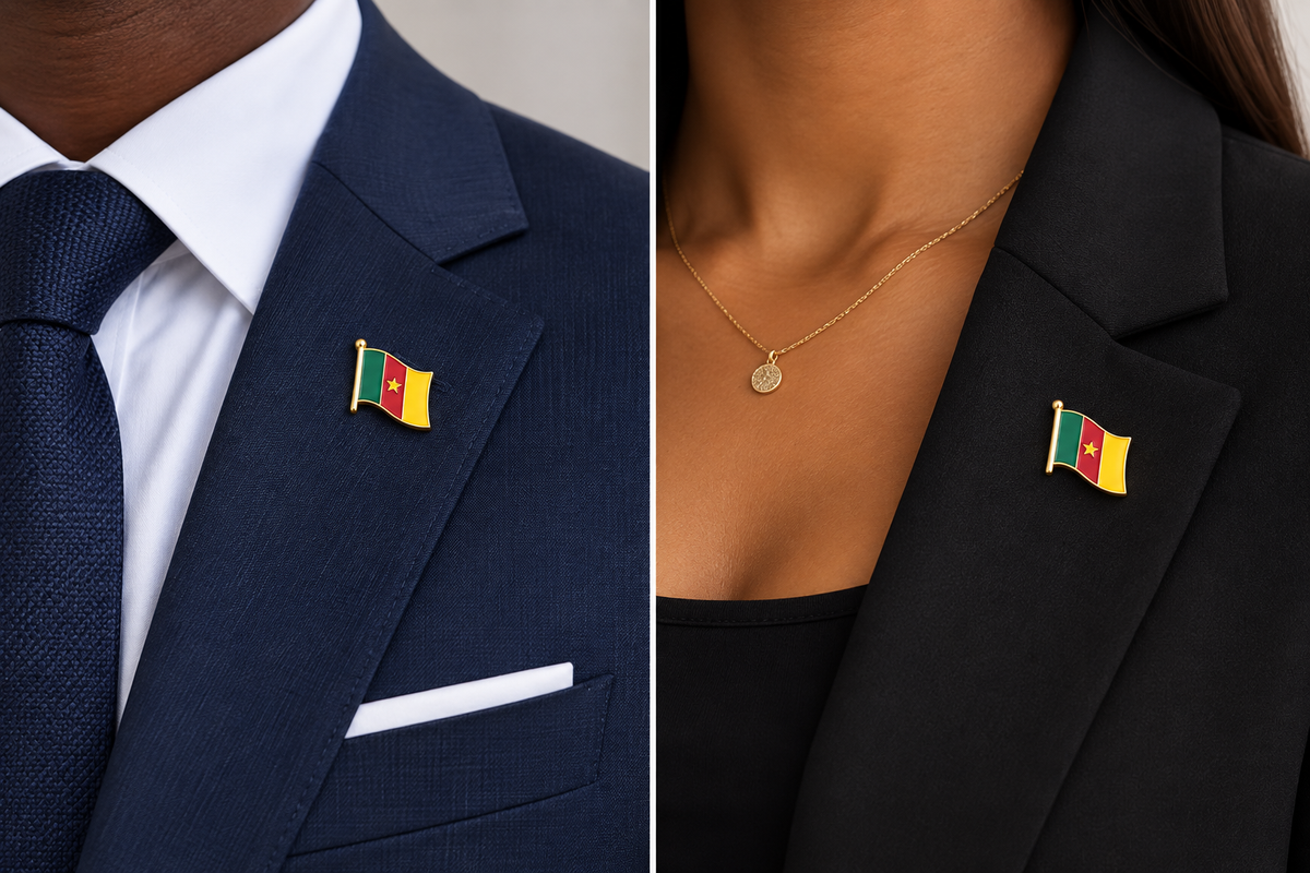 Pin's 3D drapeau du Cameroun vert rouge jaune avec étoile – Hélie Ébène porté