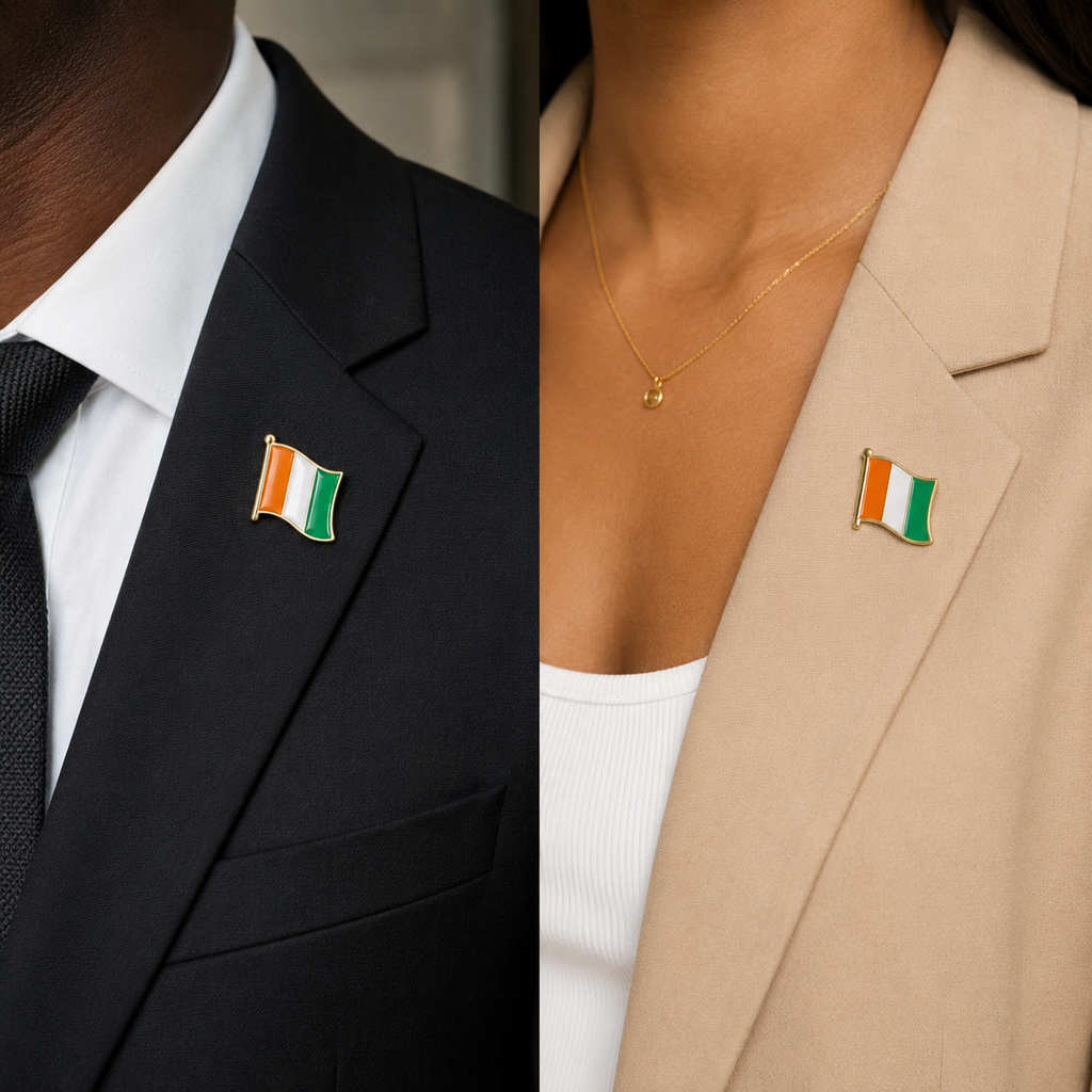 Pin’s 3D Drapeau Côte d’Ivoire orange blanc vert mixte porté par homme et femme