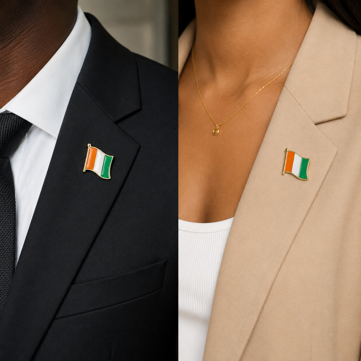 Pin’s 3D Drapeau Côte d’Ivoire orange blanc vert mixte porté par homme et femme