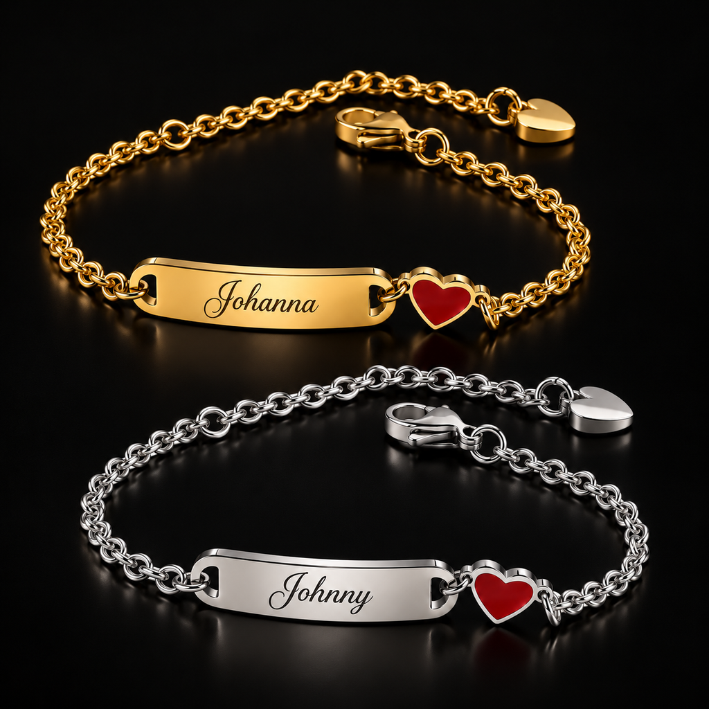 Bracelet prénom personnalisé fille avec cœur rouge – modèle Johanna fond noir