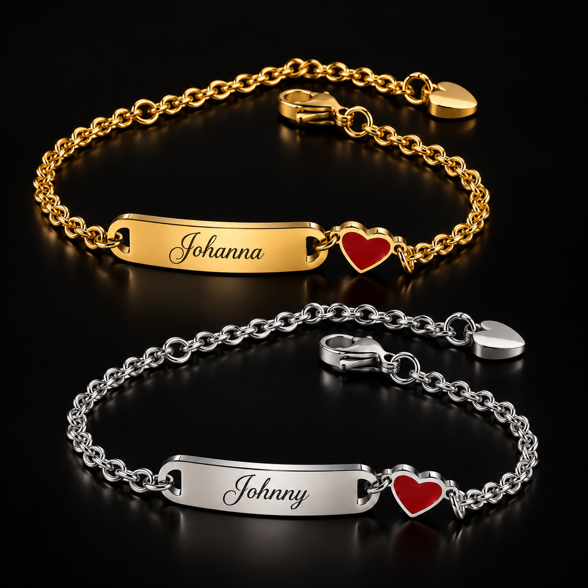 Bracelet prénom personnalisé fille avec cœur rouge – modèle Johanna fond noir