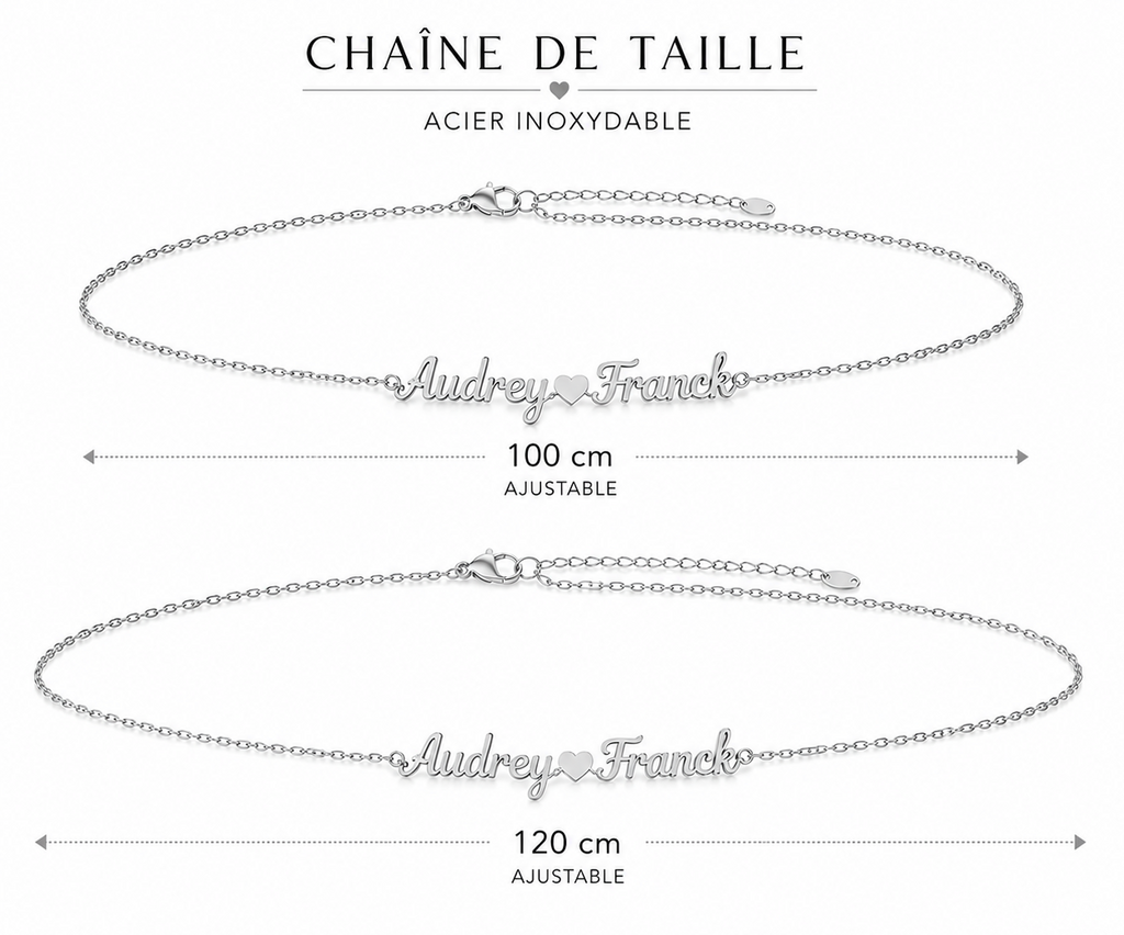 Chaîne de taille personnalisée Love argentée en acier inoxydable 100 ou 120 cm ajustable