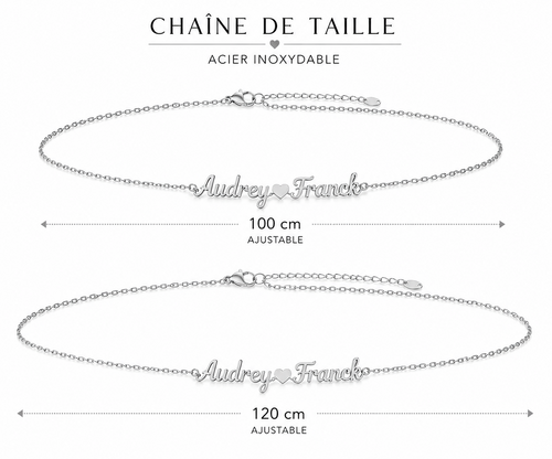 Chaîne de taille personnalisée Love argentée en acier inoxydable 100 ou 120 cm ajustable
