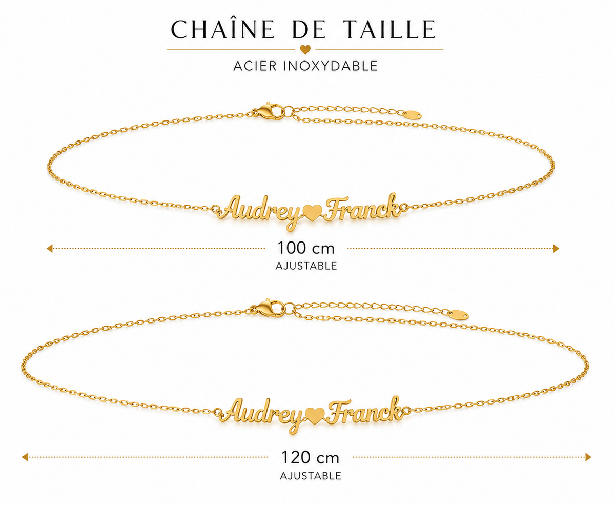 Chaîne de taille personnalisée Love dorée en acier inoxydable 100 ou 120 cm ajustable