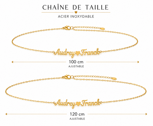 Chaîne de taille personnalisée Love dorée en acier inoxydable 100 ou 120 cm ajustable