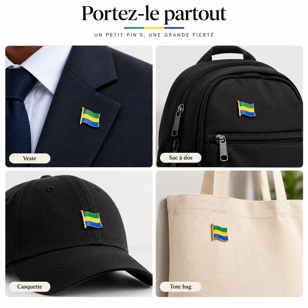 Pin's 3D drapeau du Gabon vert jaune bleu – Hélie Ébène fiche explicative porté partout