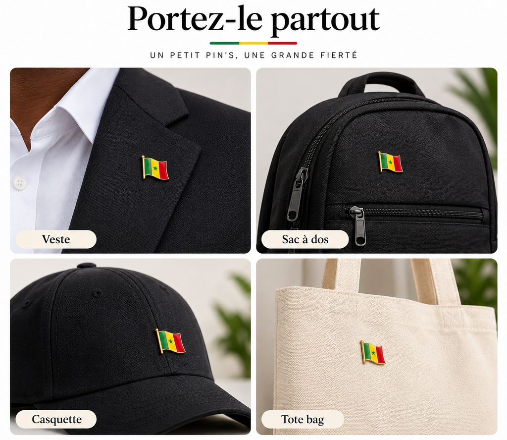 Pin's 3D drapeau du Sénégal vert jaune rouge avec étoile verte – Hélie Ébène porté partout