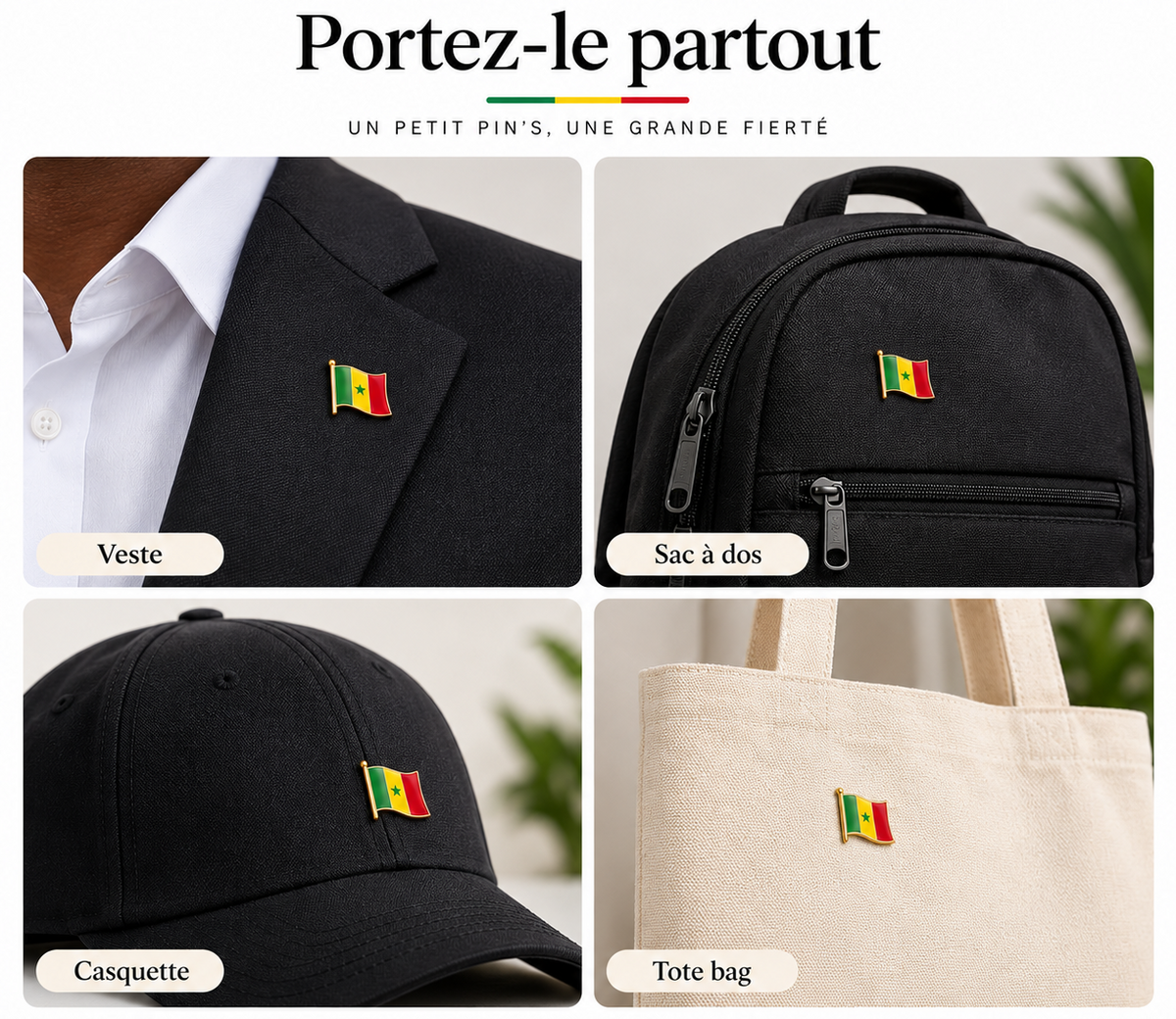 Pin's 3D drapeau du Sénégal vert jaune rouge avec étoile verte – Hélie Ébène porté partout
