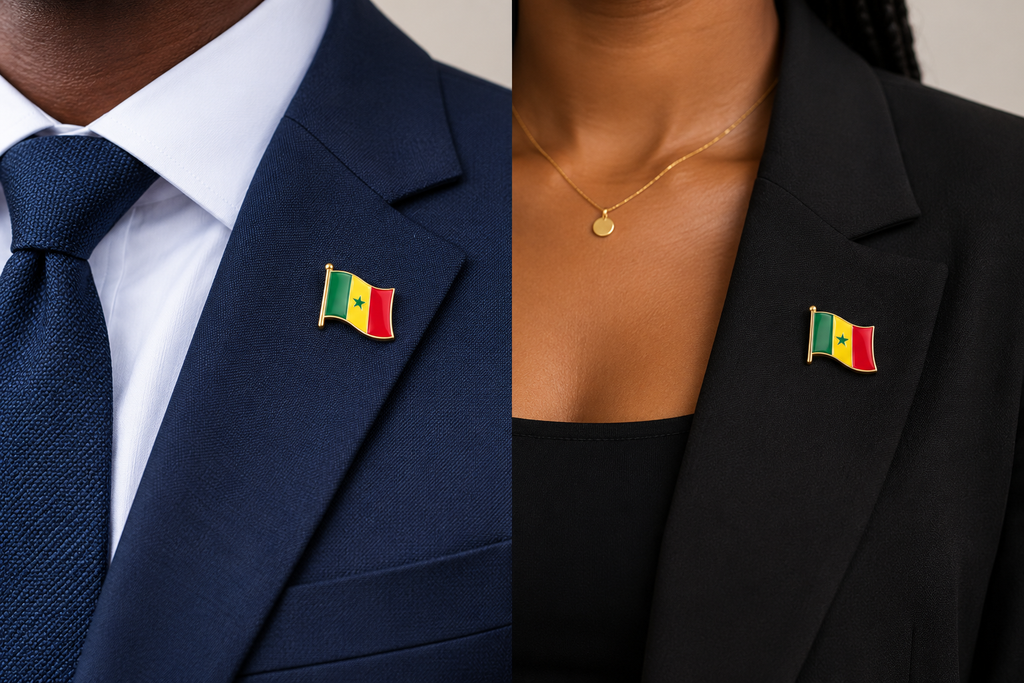 Pin's 3D drapeau du Sénégal vert jaune rouge avec étoile verte – Hélie Ébène porté